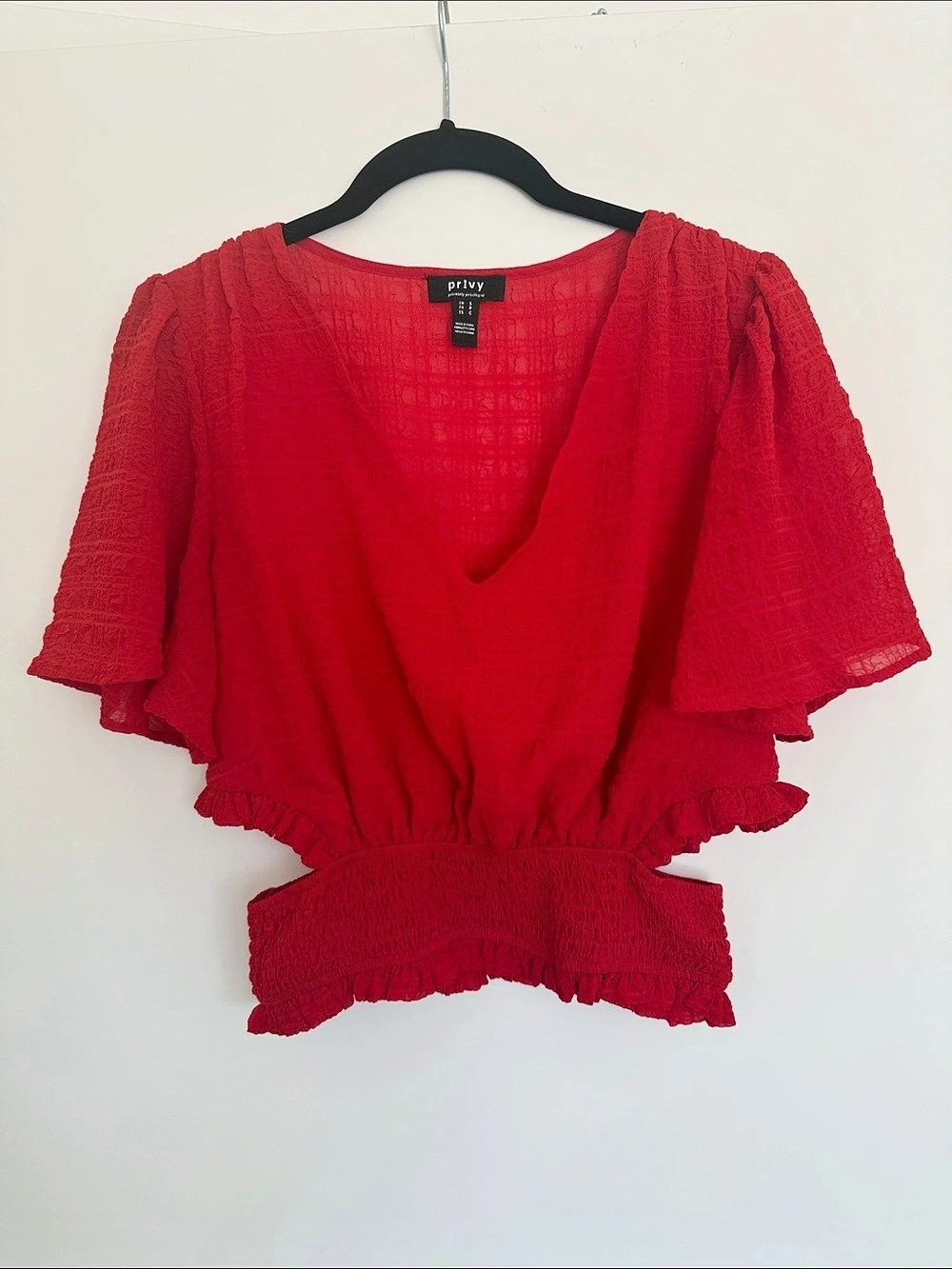 Red Flutter Sleeve Smocked Top Size Small